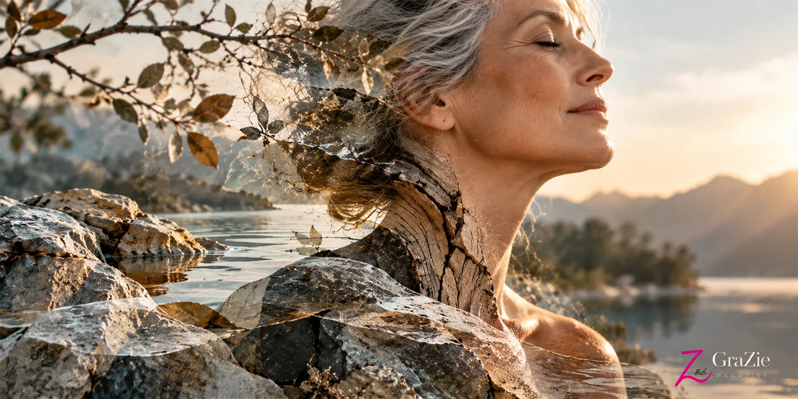 Rostro de una mujer madura integrado con piedras, agua y madera envejecida, símbolo de la belleza que deja el tiempo.
