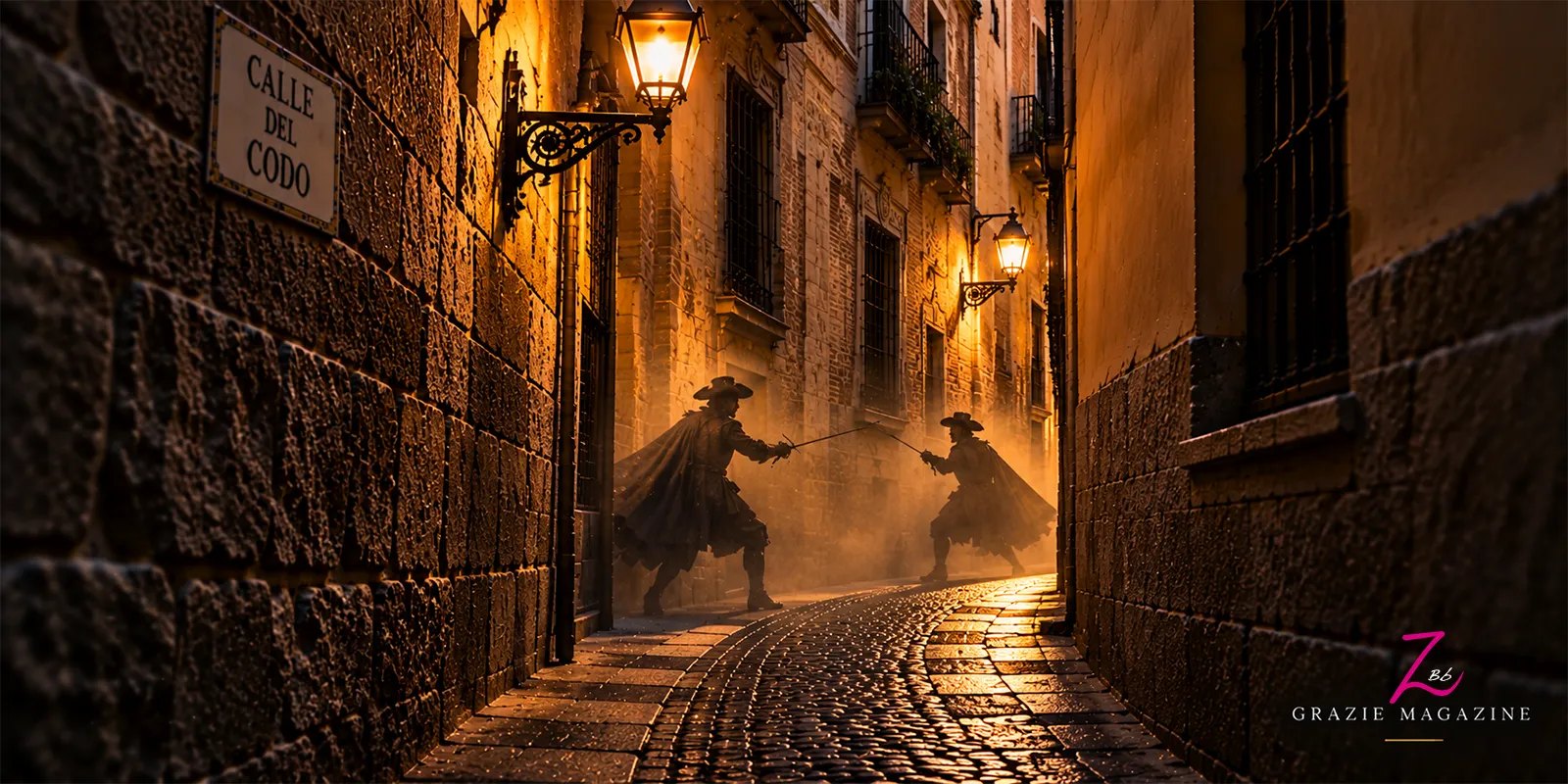 Recreación de dos espadachines en sombras enfrentándose en la estrecha Calle del Codo, en el Madrid histórico.