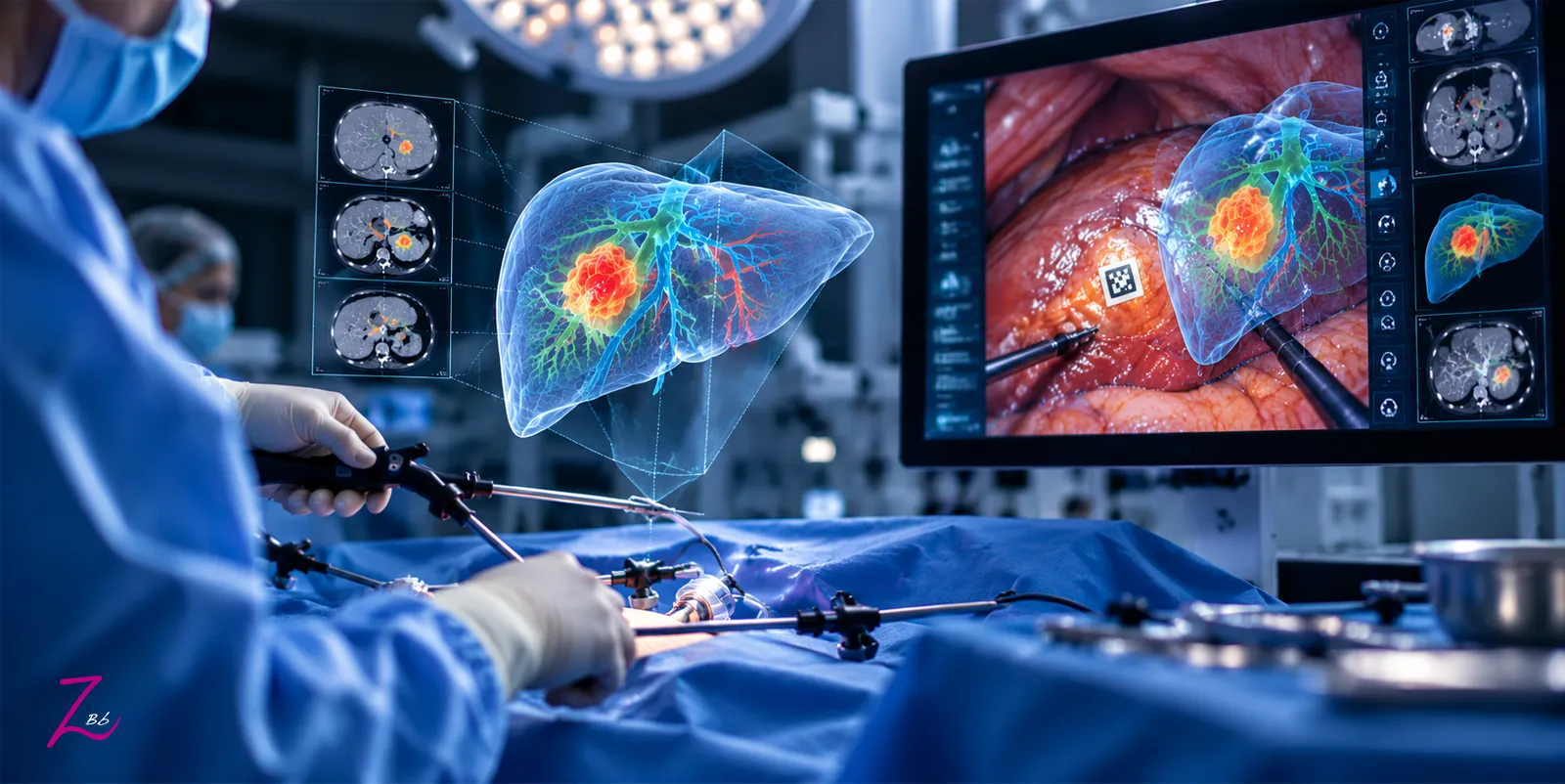 Equipo quirúrgico utiliza imágenes médicas y una reconstrucción tridimensional del hígado para localizar un tumor.