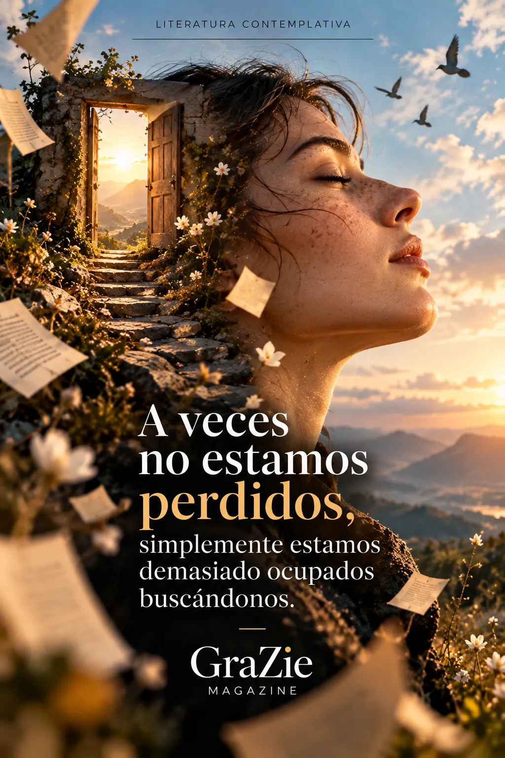 Mujer con los ojos cerrados y un camino hacia una puerta abierta, imagen simbólica sobre la búsqueda interior