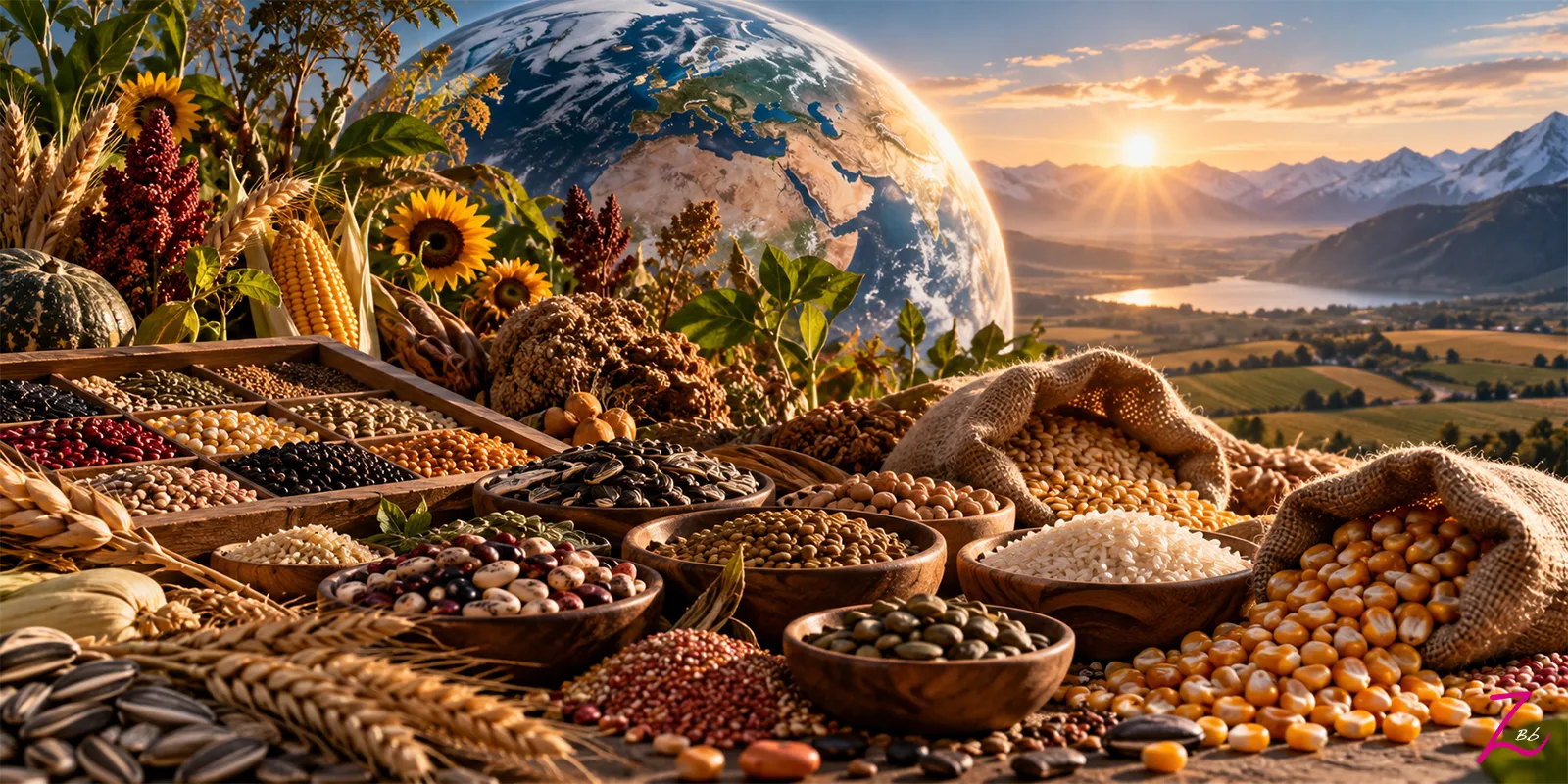 Diversidad de semillas, cereales y legumbres frente a un paisaje agrícola que representa la riqueza de los cultivos del mundo.