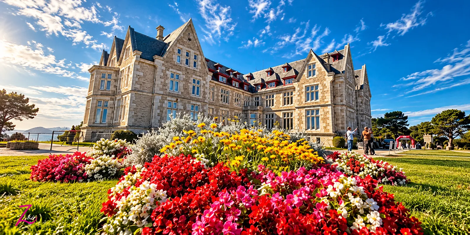 Palacio de la Magdalena en Santander rodeado de jardines y flores de colores bajo un cielo azul luminoso.