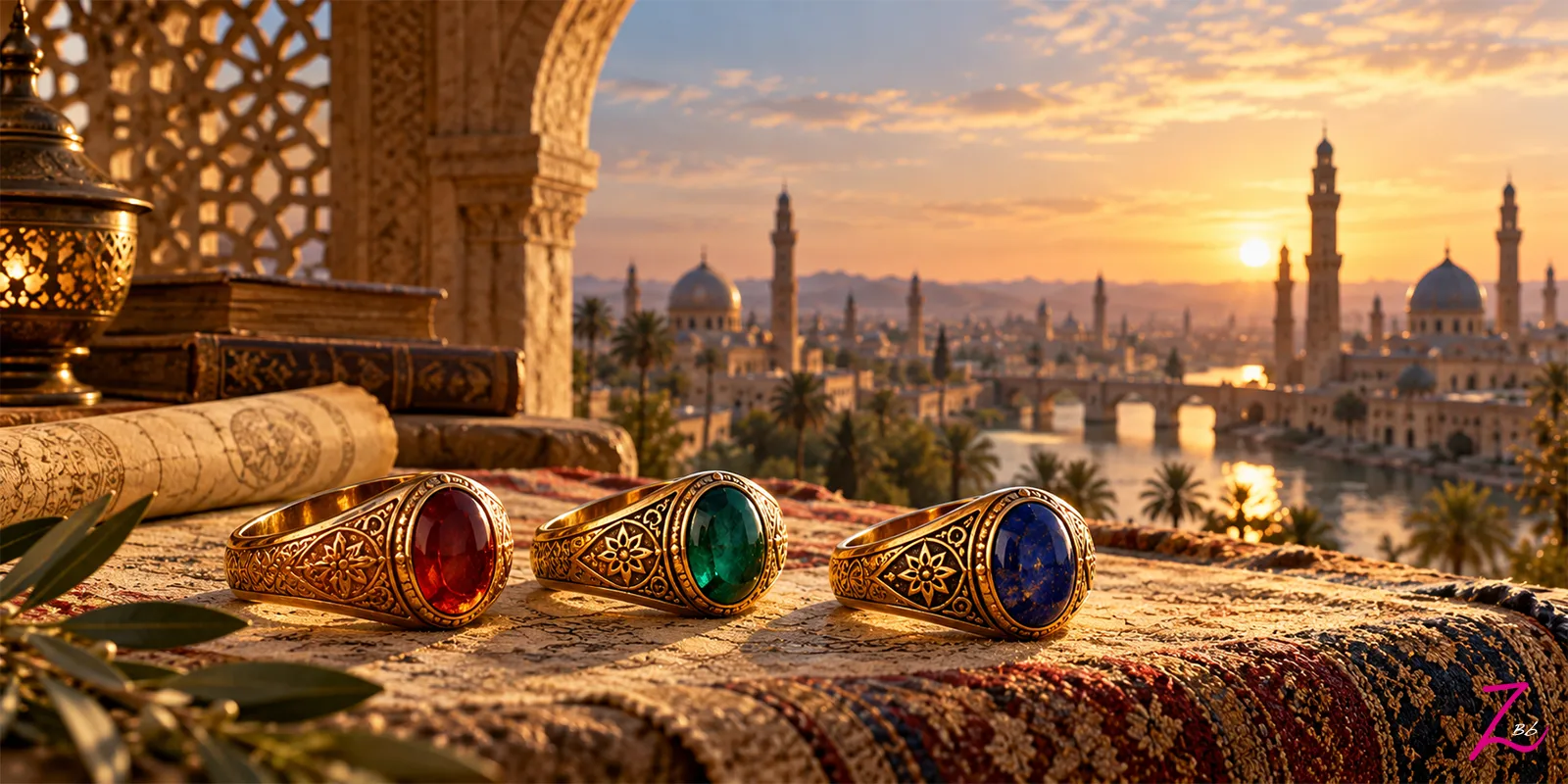 Tres anillos dorados con piedras preciosas sobre una mesa de piedra, con una antigua ciudad oriental al fondo, para ilustrar la parábola de los tres anillos.