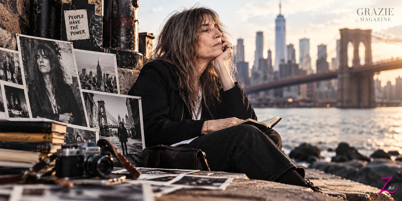Patti Smith contempla Nueva York junto a sus fotografías y un cuaderno.