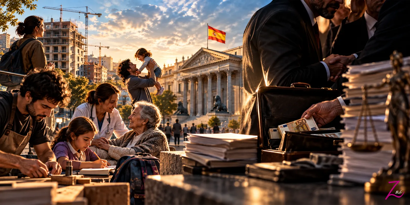 Contraste entre la vida cotidiana de los ciudadanos y la corrupción política frente al Congreso de los Diputados.