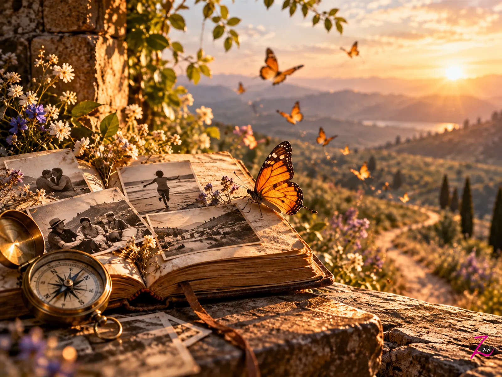 Álbum de fotografías antiguas junto a una mariposa y una brújula, con un camino que se pierde entre las montañas.