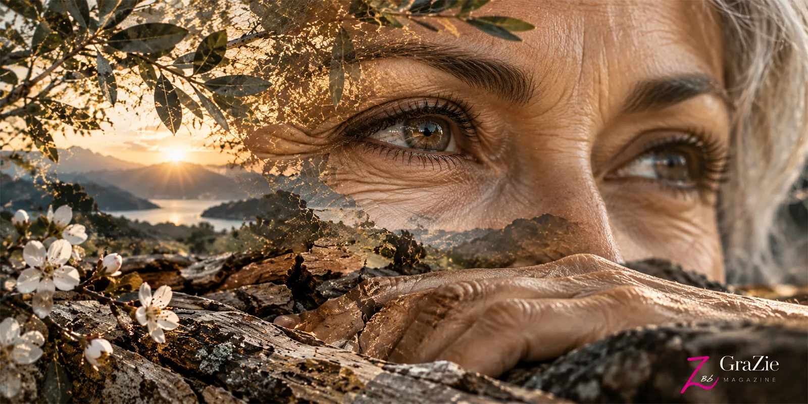Primer plano de unos ojos serenos y unas manos envejecidas integrados con agua, ramas y madera, símbolo de la experiencia y el paso del tiempo.