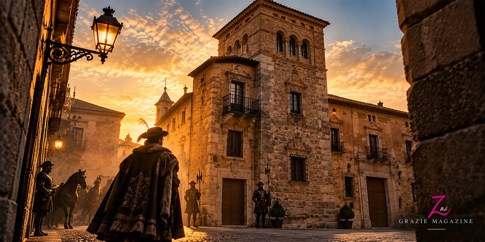 Recreación histórica de la Torre de los Lujanes en Madrid, con un noble francés y guardias ante el edificio.