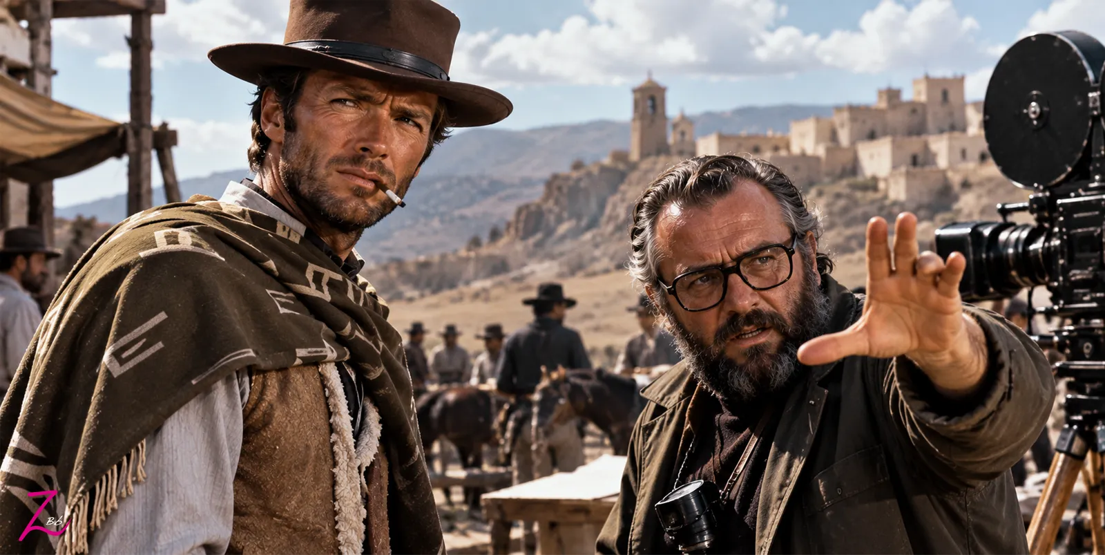 Clint Eastwood y Sergio Leone durante una recreación cinematográfica del rodaje de un western en España en los años sesenta.