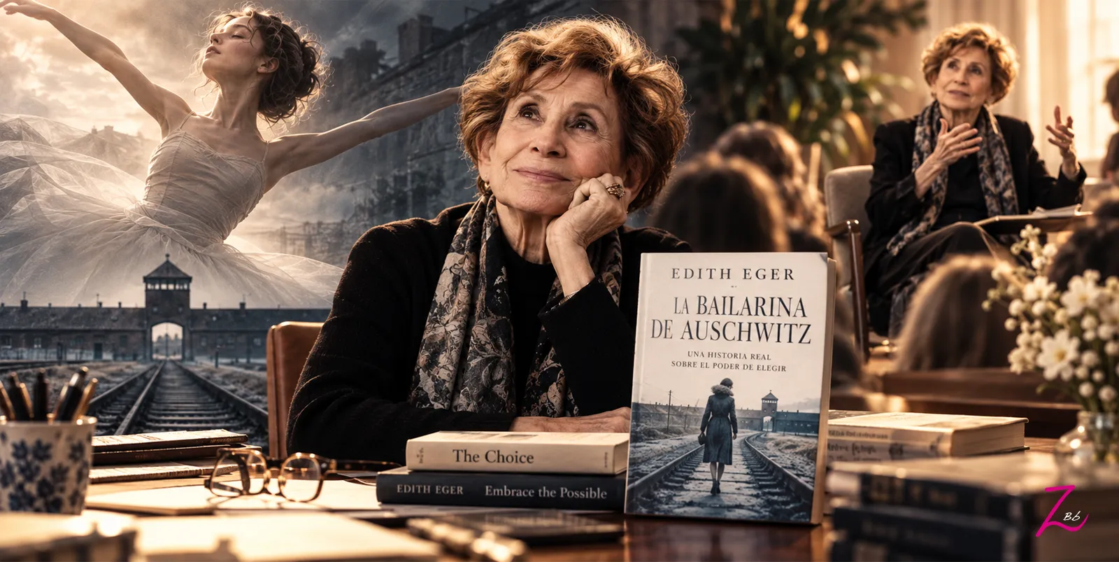 Edith Eger en su madurez junto a su libro La bailarina de Auschwitz, símbolo de su trayectoria como superviviente, psicóloga y escritora.