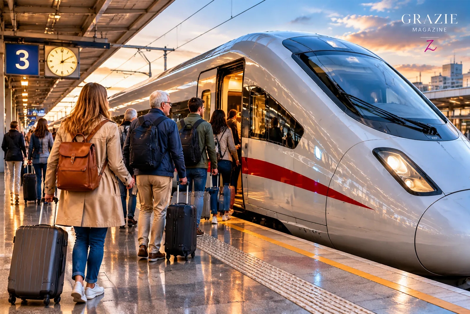 Pasajeros subiendo a un tren de alta velocidad en una estación ferroviaria.