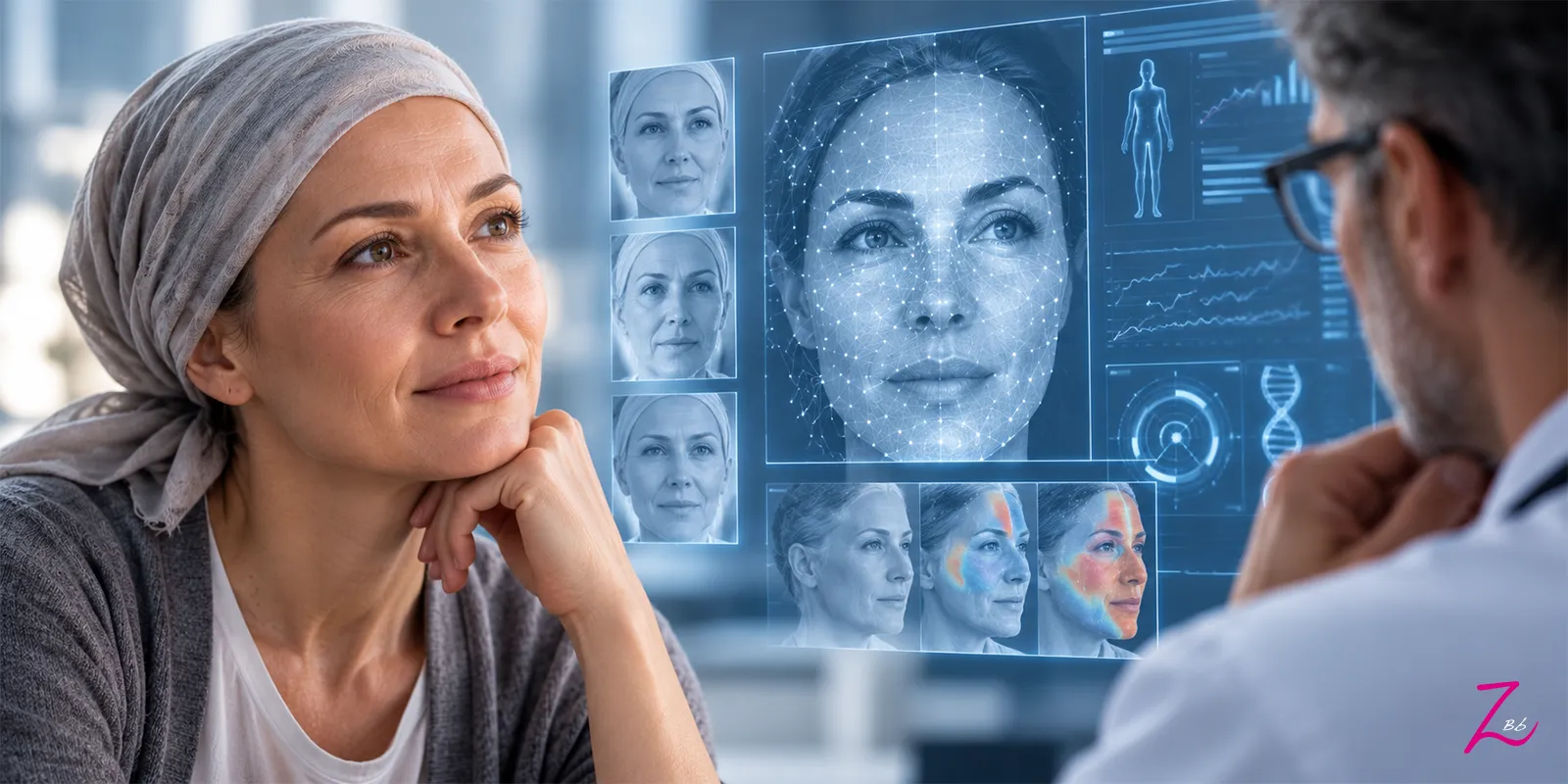 Mujer consulta con un médico mientras una inteligencia artificial analiza patrones faciales en una pantalla.