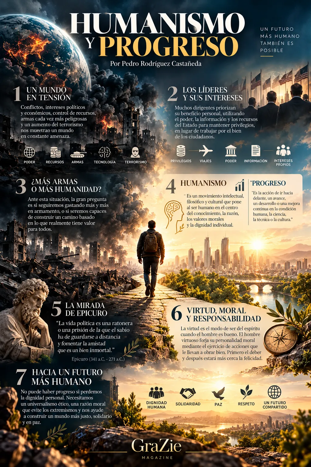 Infografía sobre humanismo y progreso, ética, virtud y dignidad humana