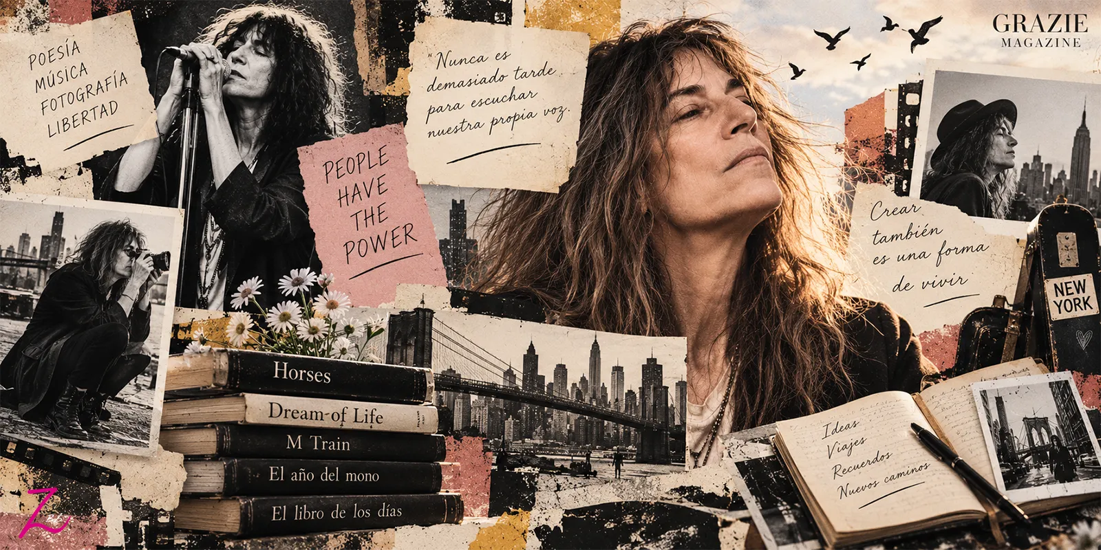 Collage artístico de Patti Smith sobre la libertad, la poesía y la creatividad.