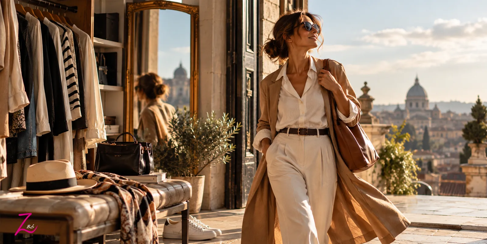 Mujer con ropa atemporal disfrutando de su estilo personal en una terraza bañada por la luz del sol.