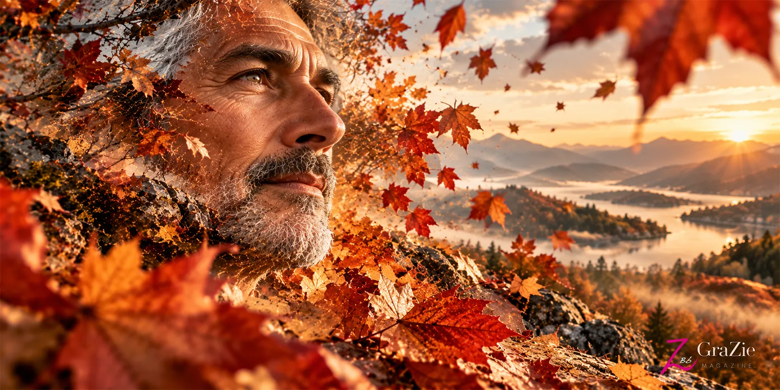Rostro de un hombre maduro integrado en un paisaje otoñal con hojas rojizas, montañas y agua, símbolo de la transformación y el paso del tiempo.