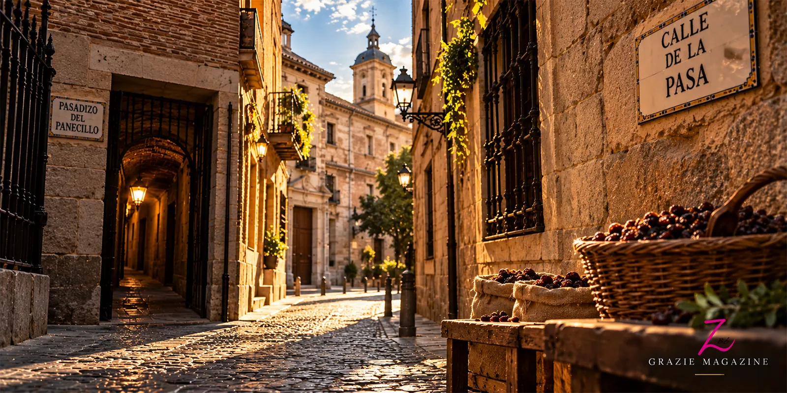 Calle histórica de Madrid con el acceso al Pasadizo del Panecillo y cestas de pasas en primer plano.