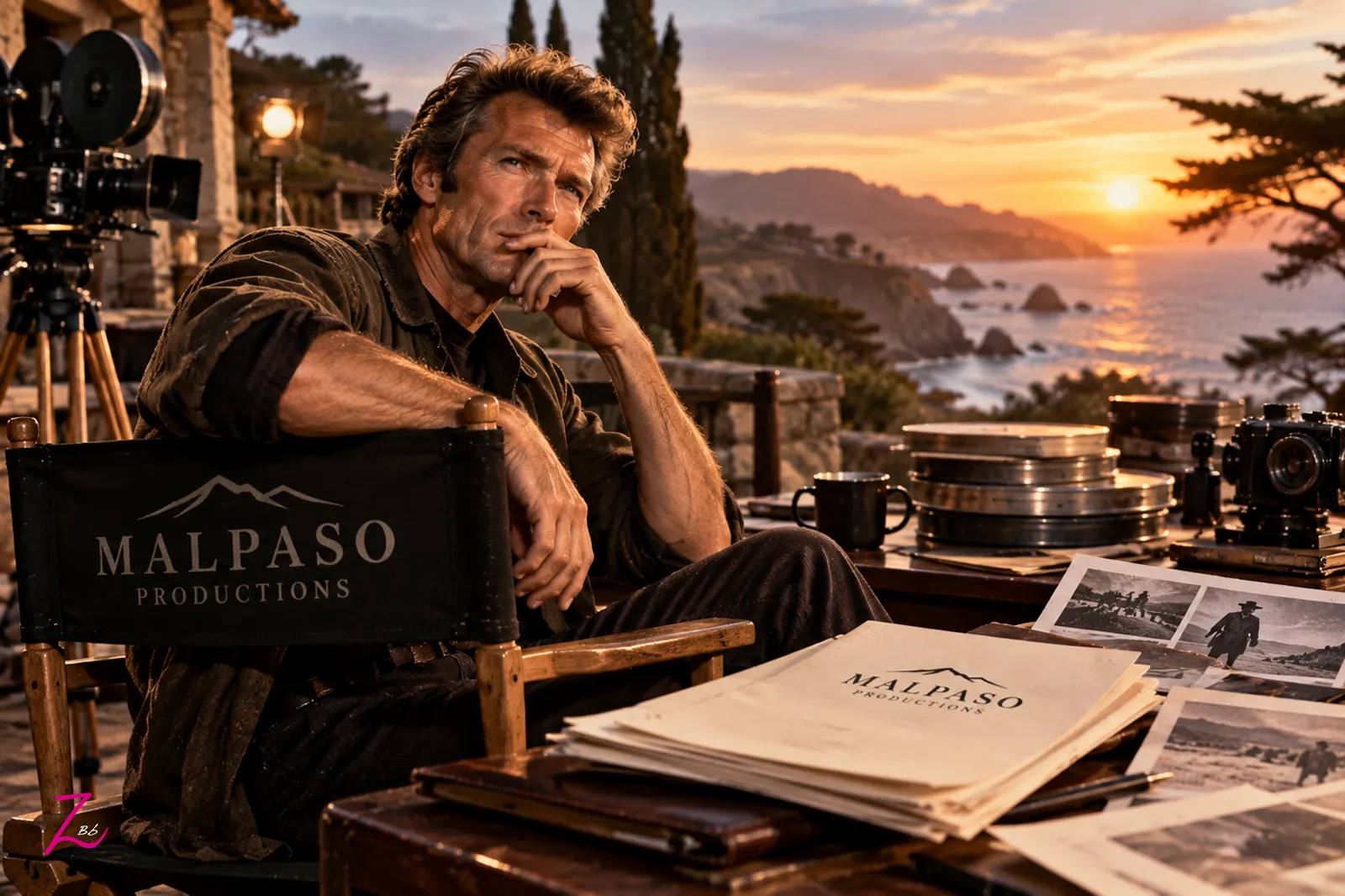 Clint Eastwood como director junto a material cinematográfico de Malpaso Productions, su productora independiente.