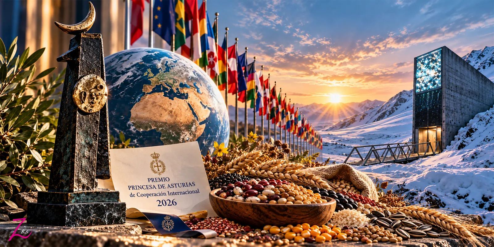 Escultura artística inspirada en el premio Princesa de Asturias, junto a semillas, un globo terráqueo y la bóveda de Svalbard.