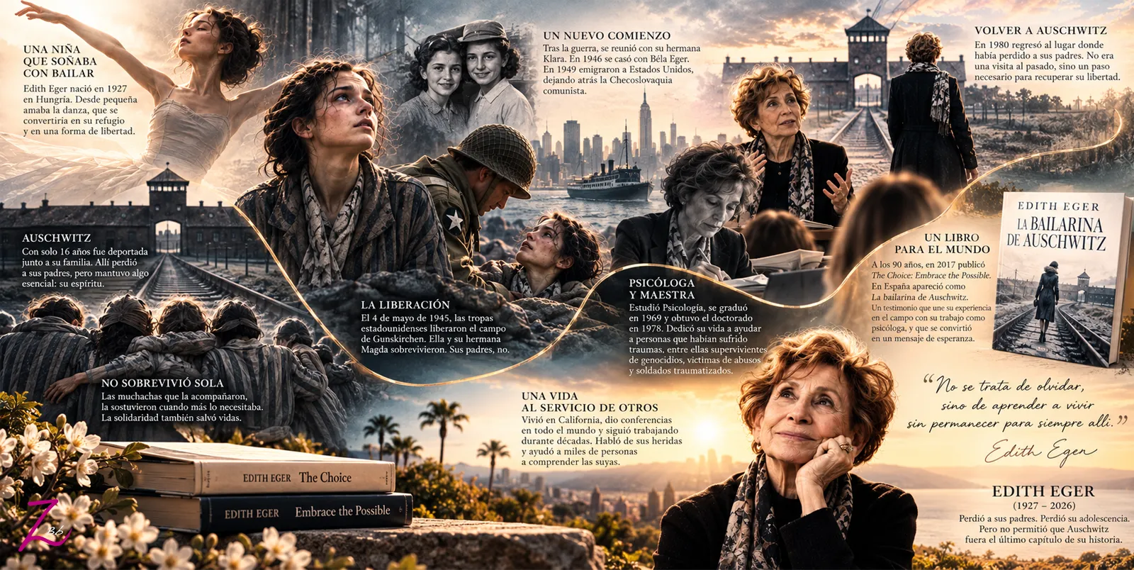Infografía sobre Edith Eger, la bailarina de Auschwitz que sobrevivió al Holocausto y dedicó su vida a la psicología y a ayudar a otras personas.