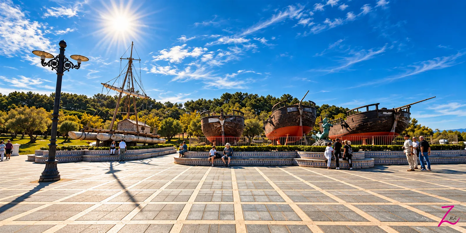 Embarcaciones históricas y réplica de una balsa en el museo al aire libre El Hombre y la Mar, en Santander.
