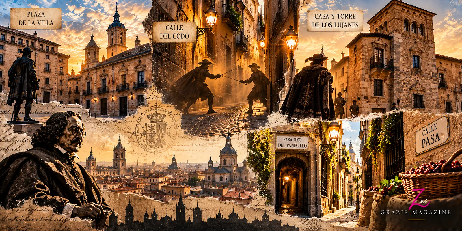 Collage ilustrativo de la Plaza de la Villa, la Calle del Codo, la Torre de los Lujanes y la Calle de la Pasa en Madrid.