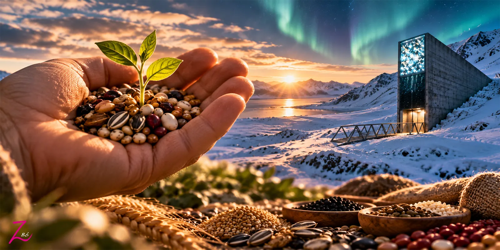 Una mano sostiene semillas variadas y un brote verde frente a la bóveda de Svalbard, rodeada de montañas nevadas del Ártico.