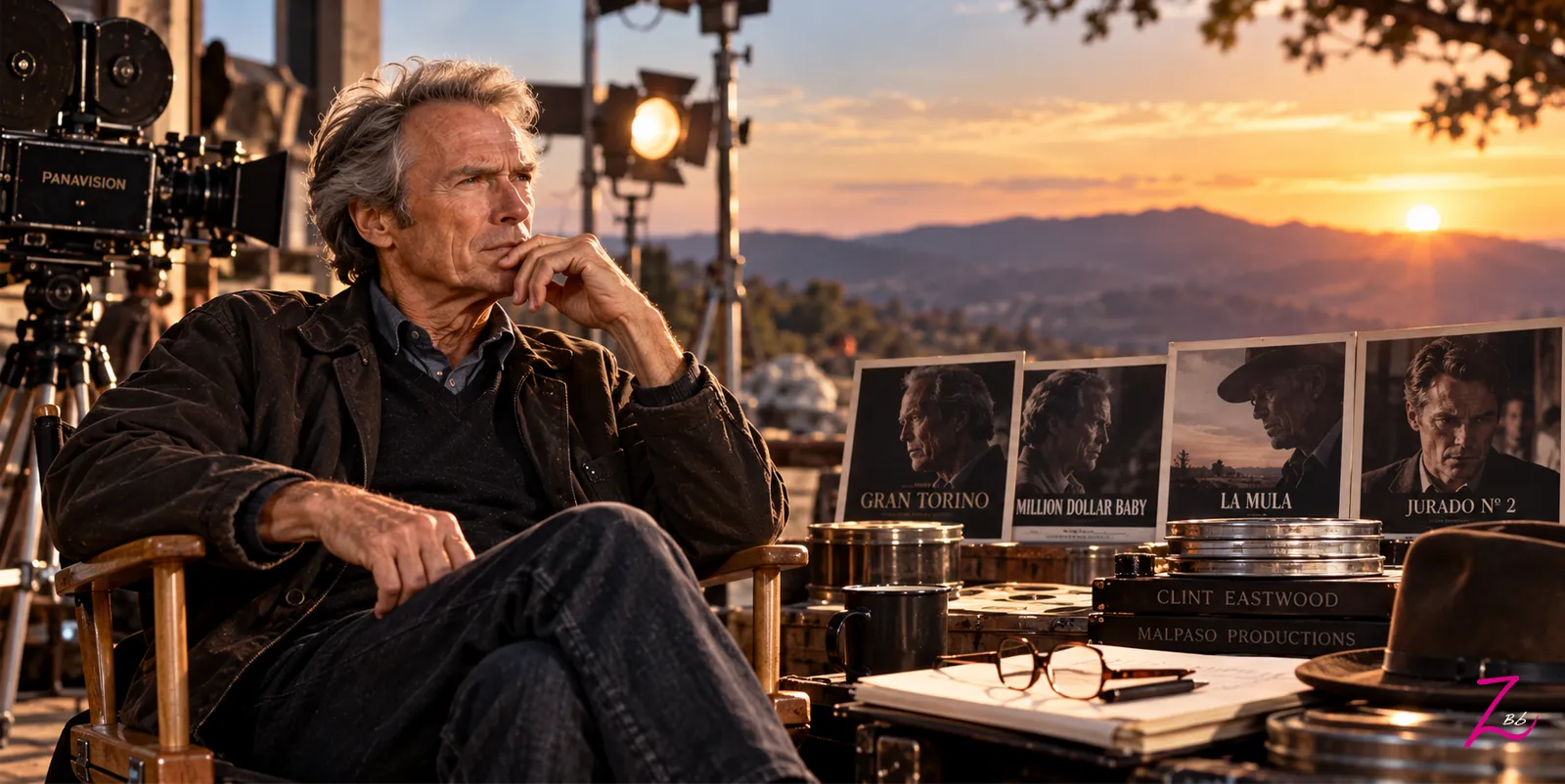 Clint Eastwood en una silla de director durante sus últimos años de carrera, rodeado de cámaras y referencias a sus películas.