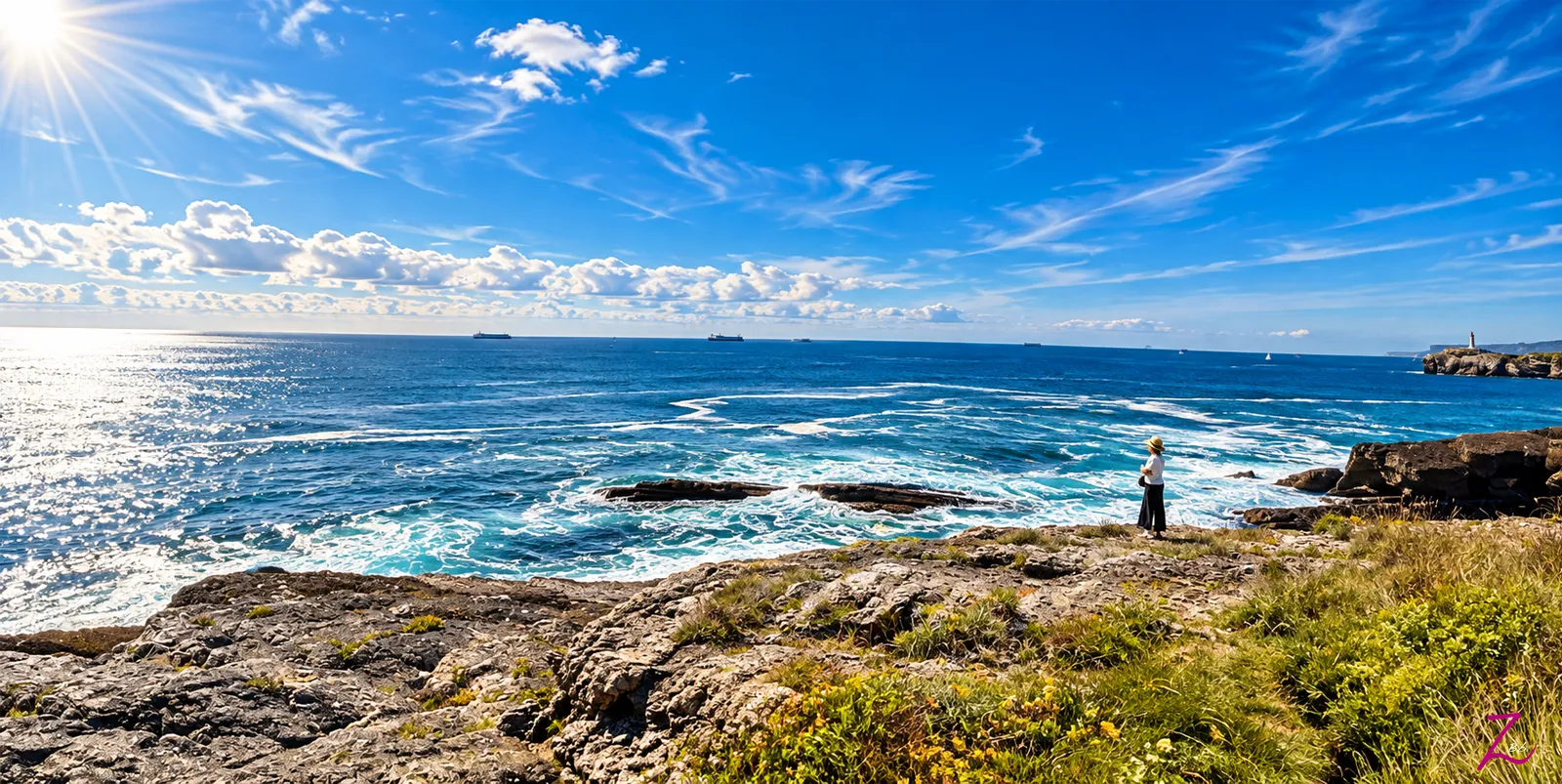 Costa de Santander con las olas del mar Cantábrico rompiendo contra las rocas mientras una persona contempla el horizonte.