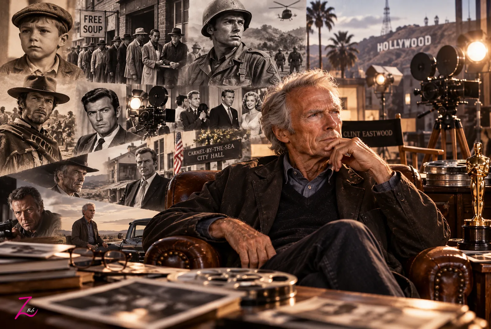Clint Eastwood en una composición cinematográfica que recorre las distintas etapas de su vida y su carrera.