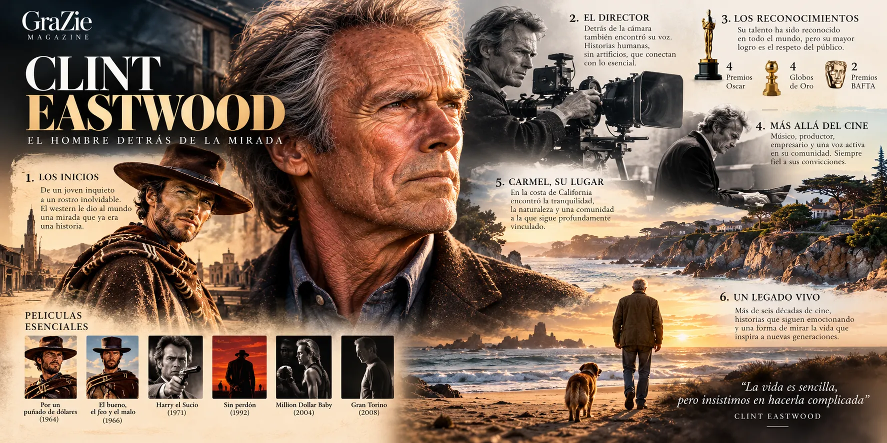 Clint Eastwood en una composición cinematográfica que recorre su vida, desde la infancia hasta su trayectoria como actor y director.