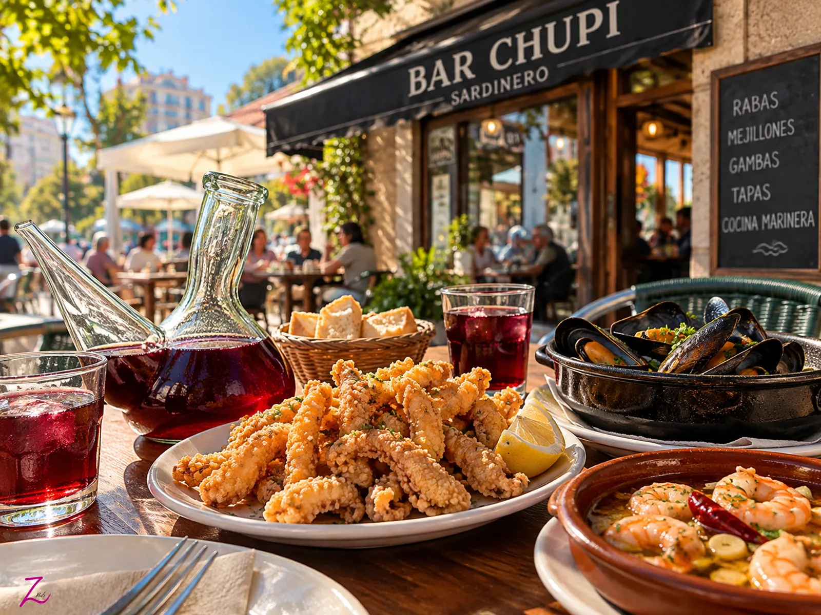 Rabas, mejillones y gambas al ajillo acompañados de un porrón en una terraza de Santander.