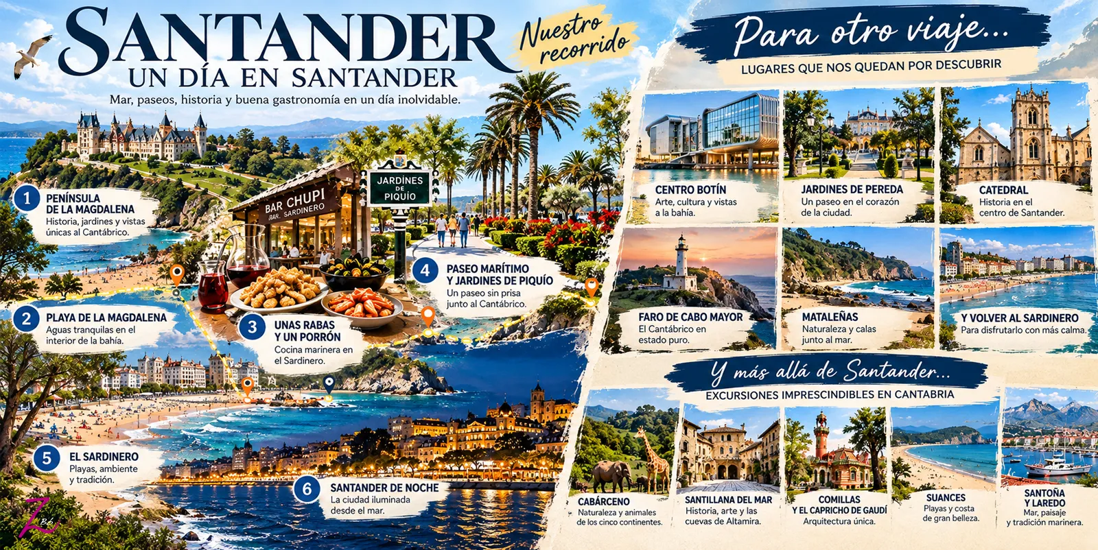 Infografía de un día en Santander con el recorrido realizado y los lugares pendientes para otro viaje por Cantabria.