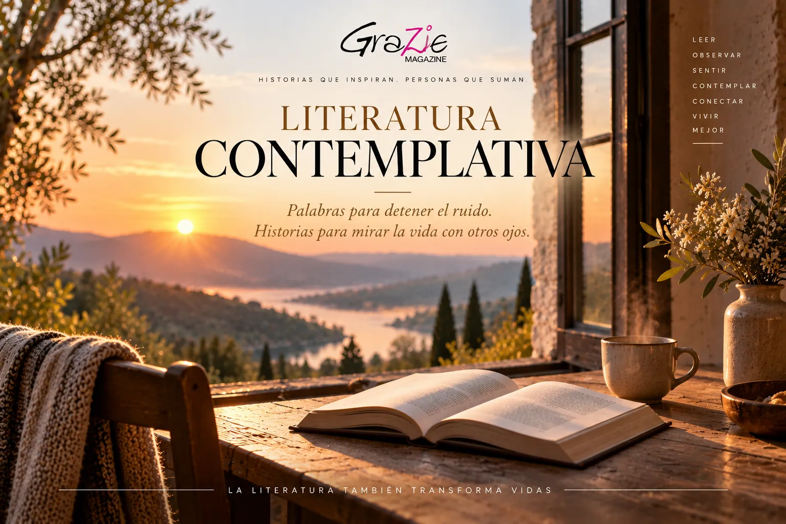 Literatura contemplativa de GraZie Magazine, un libro abierto ante un paisaje al atardecer